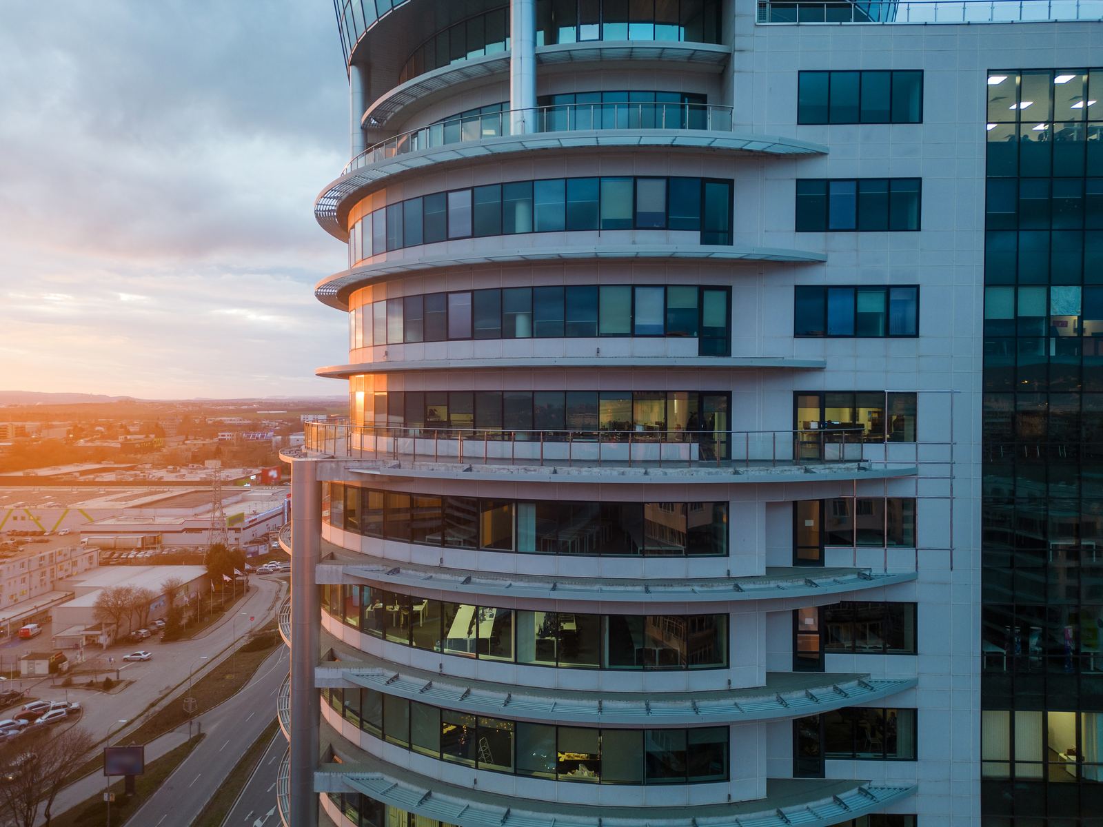 Commercial building at dusk